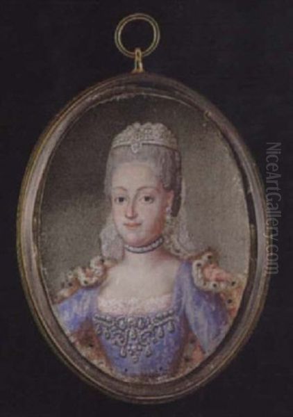 A Noble Lady Wearing White Lace Veil In Her Powdered Hair, Pale Blue Dress With Pearl Encrusted Bodice And White Lace Underslip... Oil Painting by George de Marees