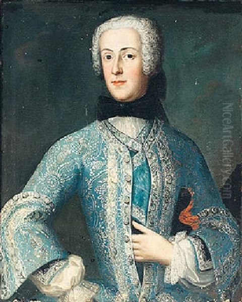 Portrait Of Kurfurstin Maria Amalie Von Bayern, Wearing A Blue Costume With Black Bowtie Oil Painting by George de Marees