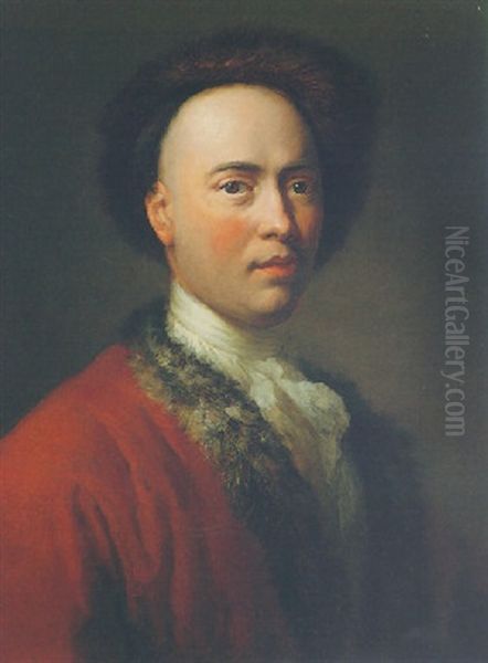 A Self-portrait In A Fur-trimmed Red Gown, A White Shirt And A Fur Cap Oil Painting by George de Marees