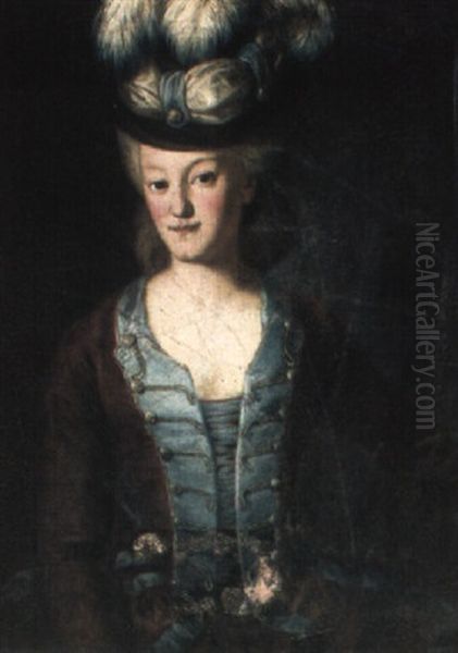 Portrait Of A Young Lady, Half Length, Wearing A Blue And Burgundy Dress Oil Painting by George de Marees