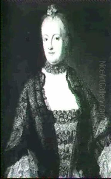 Portrait Of Maria Anna, Princess Of Saxony, Half Length,    Wearing A Blue And White Dress With A Black Lace Shawl Oil Painting by George de Marees