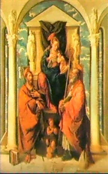 The Madonna And Child Enthroned, Flanked By Saints James Thegreater And Prosdocimus Of Padua Oil Painting by Pietro (lo Spada) Marescalco