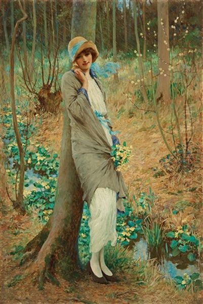 Woman In A Spring Landscape Oil Painting by William Henry Margetson