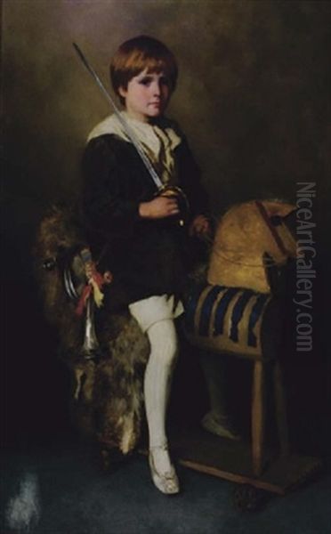 Portrait Of A Young Boy Mounted On A Wooden Horse, Holding A Sword Oil Painting by William Henry Margetson