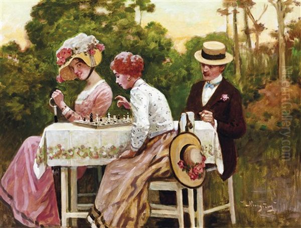 Chess Players In Open Air Oil Painting by Tihamer Von Margitay