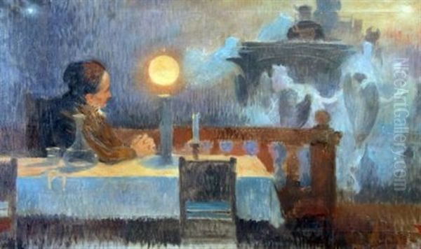 The Dreamer, Lady Seated At A Table Looking Across A Balcony At An Ethereal Vision Of A Married Couple Riding Off Into The Evening Mist Oil Painting by Tihamer Von Margitay