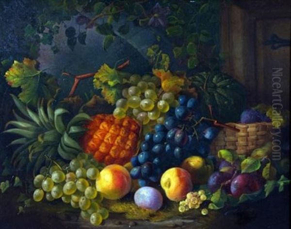 Still Life Study Of Mixed Fruit In Basket On A Ledge Oil Painting by Marie Margitson