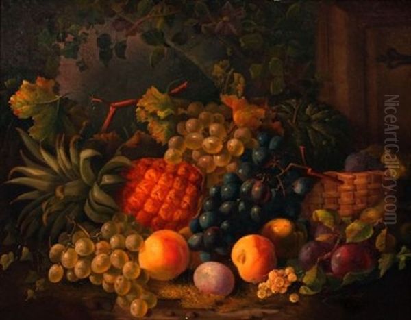 Still Life Study Of Mixed Fruit In Basket On A Ledge Oil Painting by Marie Margitson