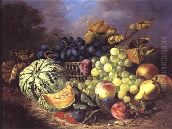 Still Life Of Fruit And A Wicker Basket, On A Bank Oil Painting by Marie Margitson