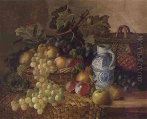 Fruit, Bird's Nest, Stoneware Jug, And Wicker Basket On A Wooden Ledge Oil Painting by Marie Margitson