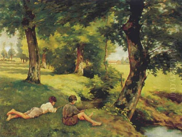 Zwei Angelnde Knaben Am Bach Oil Painting by Lucien Margottet