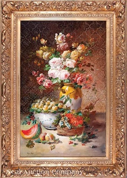 Still Life With Roses, Gooseberries, Melons And Peaches by Joseph Marguerite