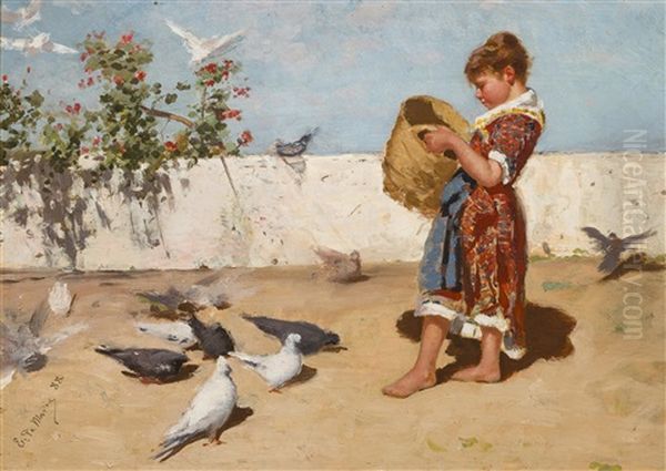 Feeding The Pigeons Oil Painting by Ettore De Maria-Bergler