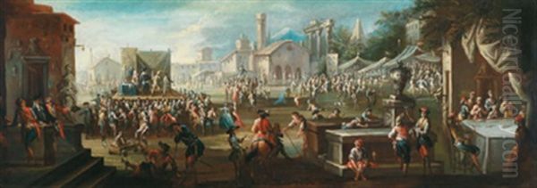 Jahrmarkt In Einer Italienischen Stadt - Mercato In Una Citta Oil Painting by Giuseppe Mariani