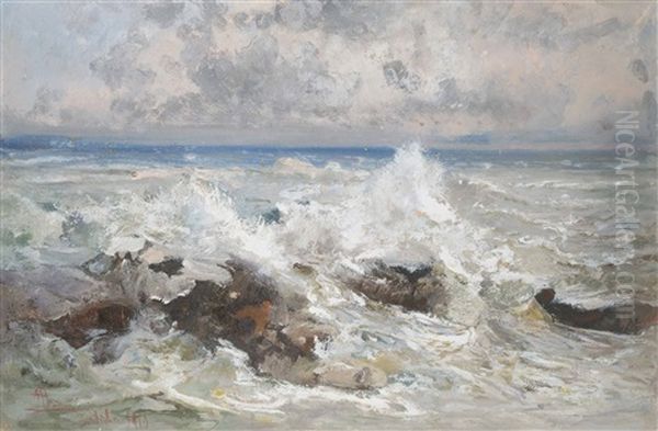 Waves Crashing On The Rocks At Bordighera Oil Painting by Pompeo Mariani