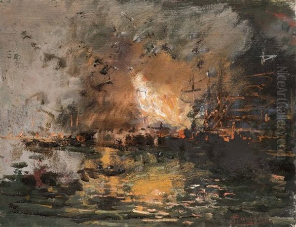 Boat On Fire In A Harbour by Pompeo Mariani