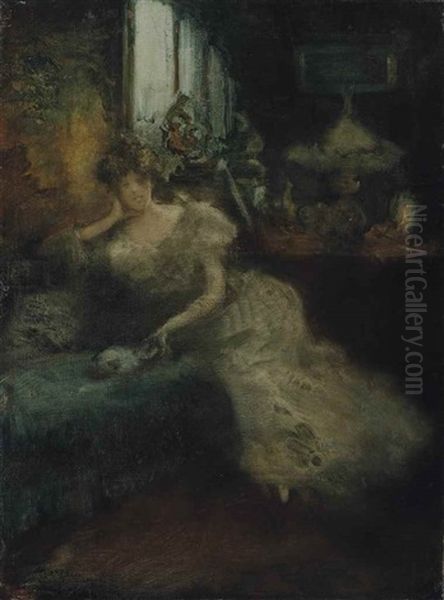 Woman And Cat In An Interior Oil Painting by Pompeo Mariani