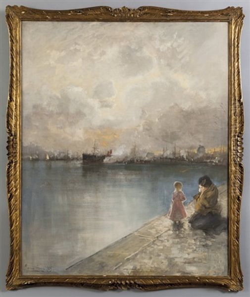 Partenza Dal Molo Di Genova Oil Painting by Pompeo Mariani