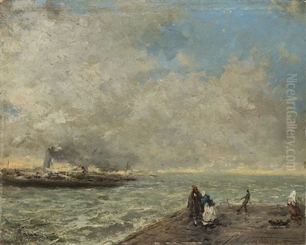 Marina Con Molo, Figure E Nave A Vapore Oil Painting by Pompeo Mariani