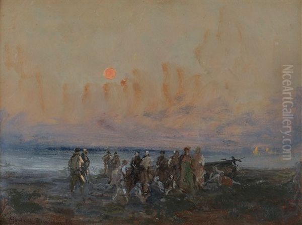 Pescatori Sulla Spiaggia Al Tramonto Oil Painting by Pompeo Mariani