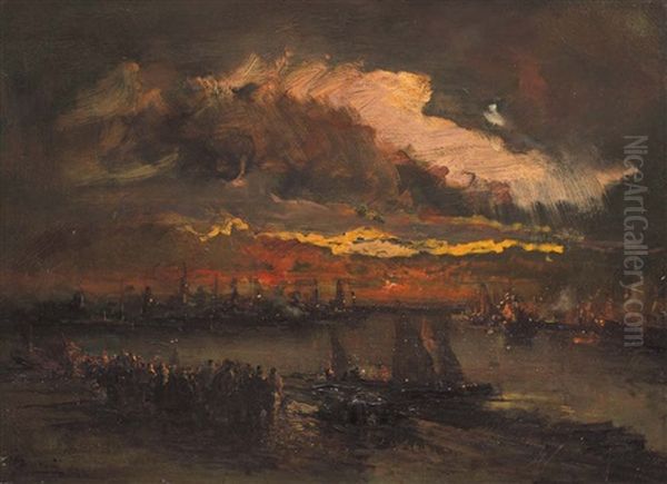 Tramonto Nel Porto Di Genova Oil Painting by Pompeo Mariani