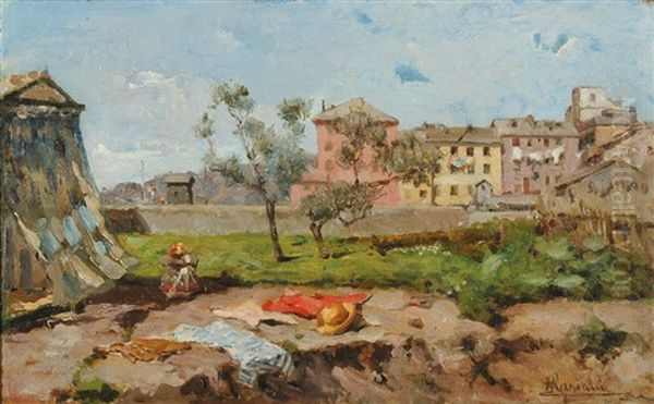 Villaggio Di Campagna Con Figure Oil Painting by Pompeo Mariani