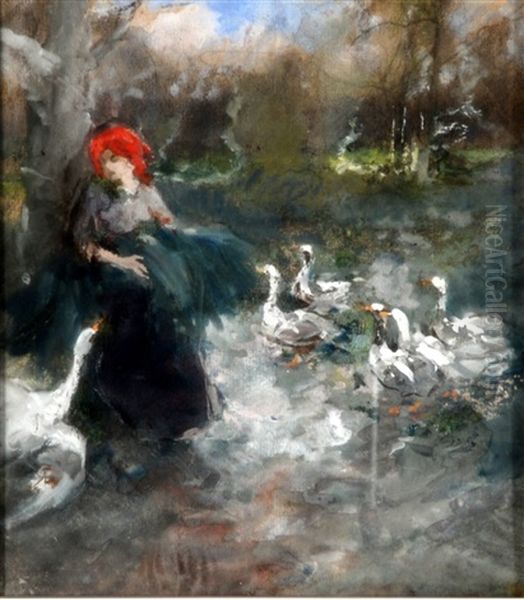 Contadina Con Oche Oil Painting by Pompeo Mariani