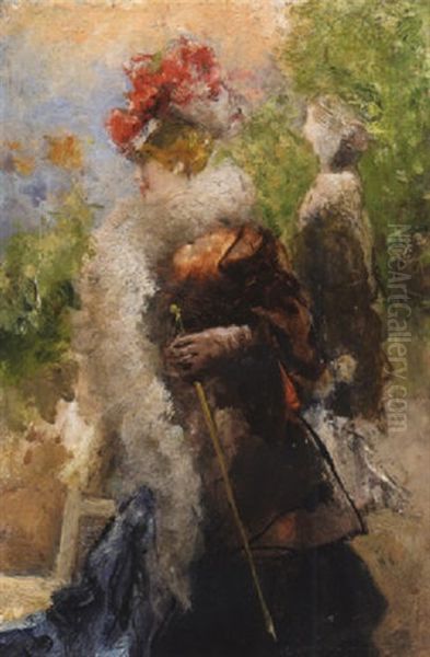 Donna Con Cappello E Bastone In Giardino Oil Painting by Pompeo Mariani