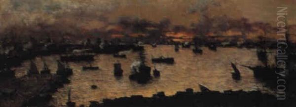 A View Of The Port Of Genoa At Dawn by Pompeo Mariani