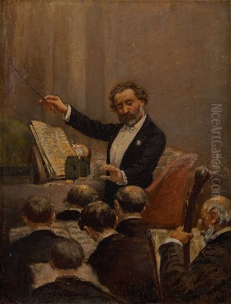 Giuseppe Verdi Conduisant L'orchestre De L'opera A La Premiere Representation De Aida A Paris En 1880 Oil Painting by Adrien Emmanuel Marie