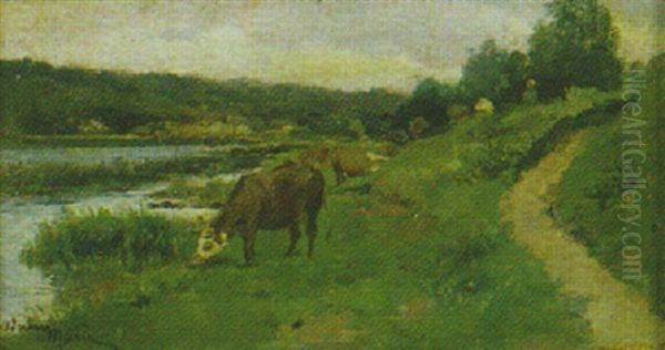 Vaches Au Bord De La Riviere Oil Painting by Adrien Emmanuel Marie