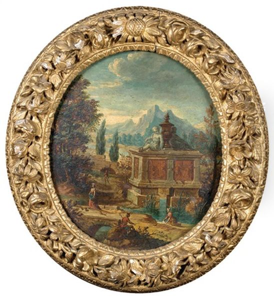 Paysage Au Mausolee Surplombant Une Riviere (+ Paysage Imaginaire Anime De Statues Et Personnages; Pair) Oil Painting by Jean Marieige