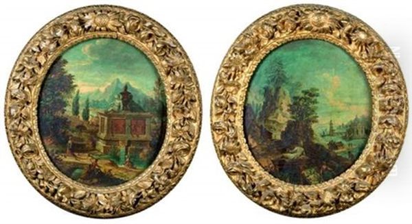 Paysage Au Mausolee Surplombant Une Riviere (+ Paysage Imaginaire Anime De Statues Et Personnages; Pair) Oil Painting by Jean Marieige