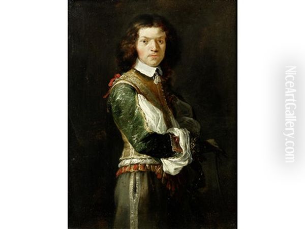 Portrait Of A Gentleman, Three-quarter-length, In Green, Red And White Costume Oil Painting by Aert Jansz Marienhof