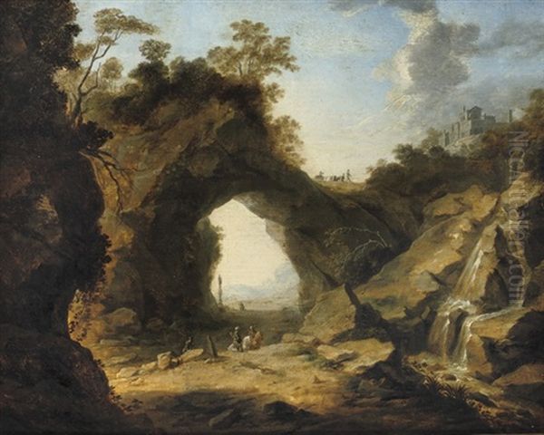 A Rocky Landscape With Soldiers Near A Waterfall Oil Painting by Aert Jansz Marienhof