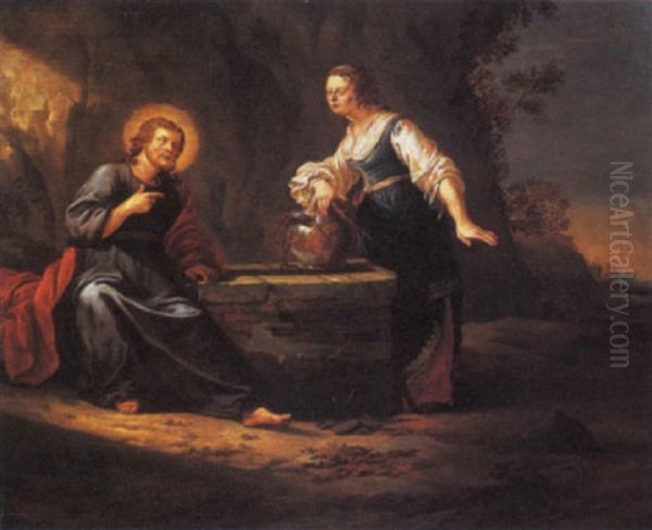 Christ And The Woman Of Samaria Oil Painting by Aert Jansz Marienhof