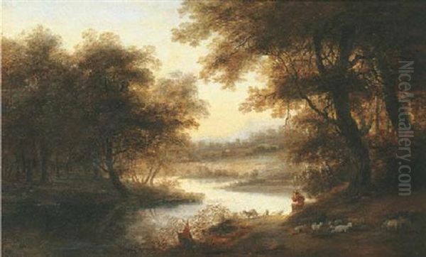 A Wooded River Landscape With A Shepherd And His Flock Oil Painting by Aert Jansz Marienhof