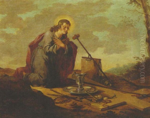 The Youthful Christ Contemplating The Instruments Of The Passion In A Landscape Oil Painting by Aert Jansz Marienhof