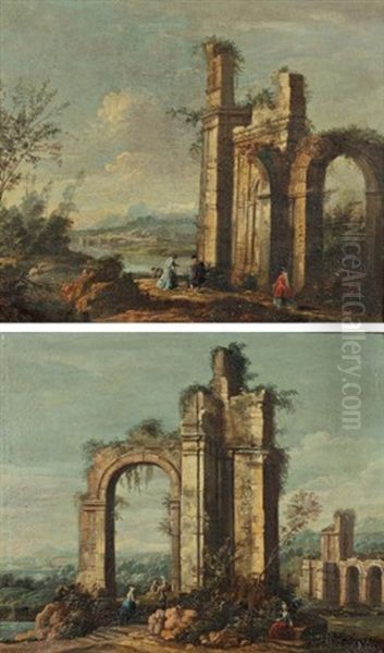 Personnages Dans Des Ruines Antiques (pair) Oil Painting by Jacopo di Paolo Marieschi