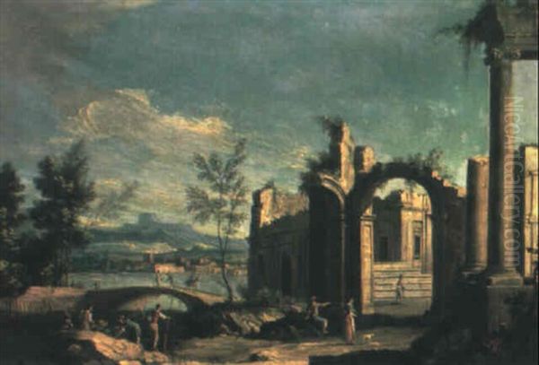 Classical Ruins With Figures In A Landscape Oil Painting by Jacopo di Paolo Marieschi