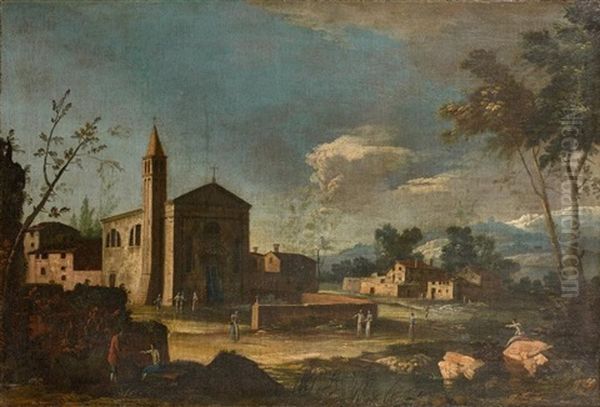 Ruine De Temple Antique Et Arc Au Bord De La Mer; Eglise Et Personnages Dans La Campagne (2 Works) Oil Painting by Michele Marieschi