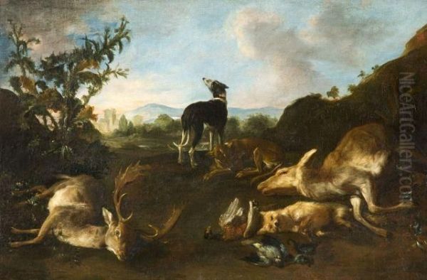 Couple De Chiens Au Milieu D'une Nature Morte De Gibier Oil Painting by Nicasius Bernaerts