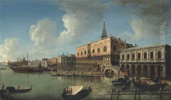 View Of The Riva Degli Schiavoni, Venice, With The Ducal Palace, The Piazzetta, The Library, The Mint And Santa Maria Della Salute Beyond Oil Painting by Michele Marieschi