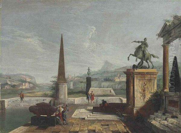 An Architectural Capriccio With Equestrian Monuments And An Obelisk, With Figures Resting By A Pool And Mountains And Villages Beyond Oil Painting by Michele Marieschi