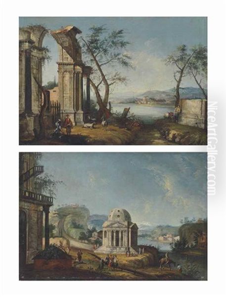 A Capriccio Of Classical Ruins With Travellers And Goats By A River, A Town Beyond; And An Architectural Capriccio With A Temple And Elegantly Dressed Figures By A River Oil Painting by Michele Marieschi