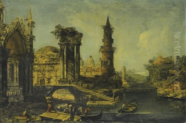 A Capriccio Of An Imagined Cityscape With Saint Mark's Basilica And Ruins On The Banks Of A River Oil Painting by Michele Marieschi