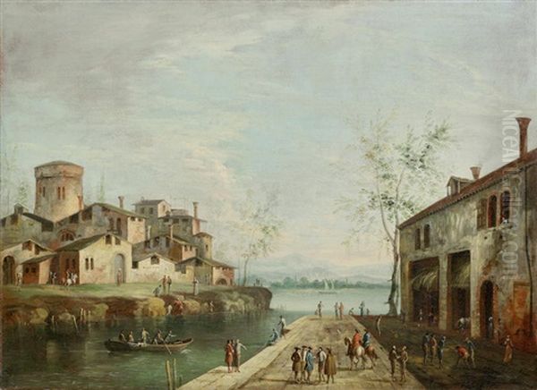 An Architectural Capriccio With Figures Before A Ruined Arch; And Figures On A Quayside With A Village On The Far Bank (2) Oil Painting by Michele Marieschi