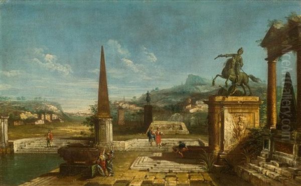 Capriccio With An Obelisk And An Equestrian Monument In A Landscape With Ruins Oil Painting by Michele Marieschi