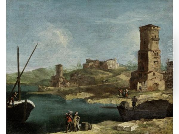 A Capriccio Of A Lagoon Landscape With Figures Standing On The Shore Oil Painting by Michele Marieschi