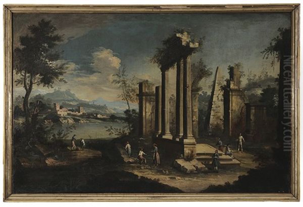 Capriccio View Of Ruins, With Distant Town Oil Painting by Michele Marieschi